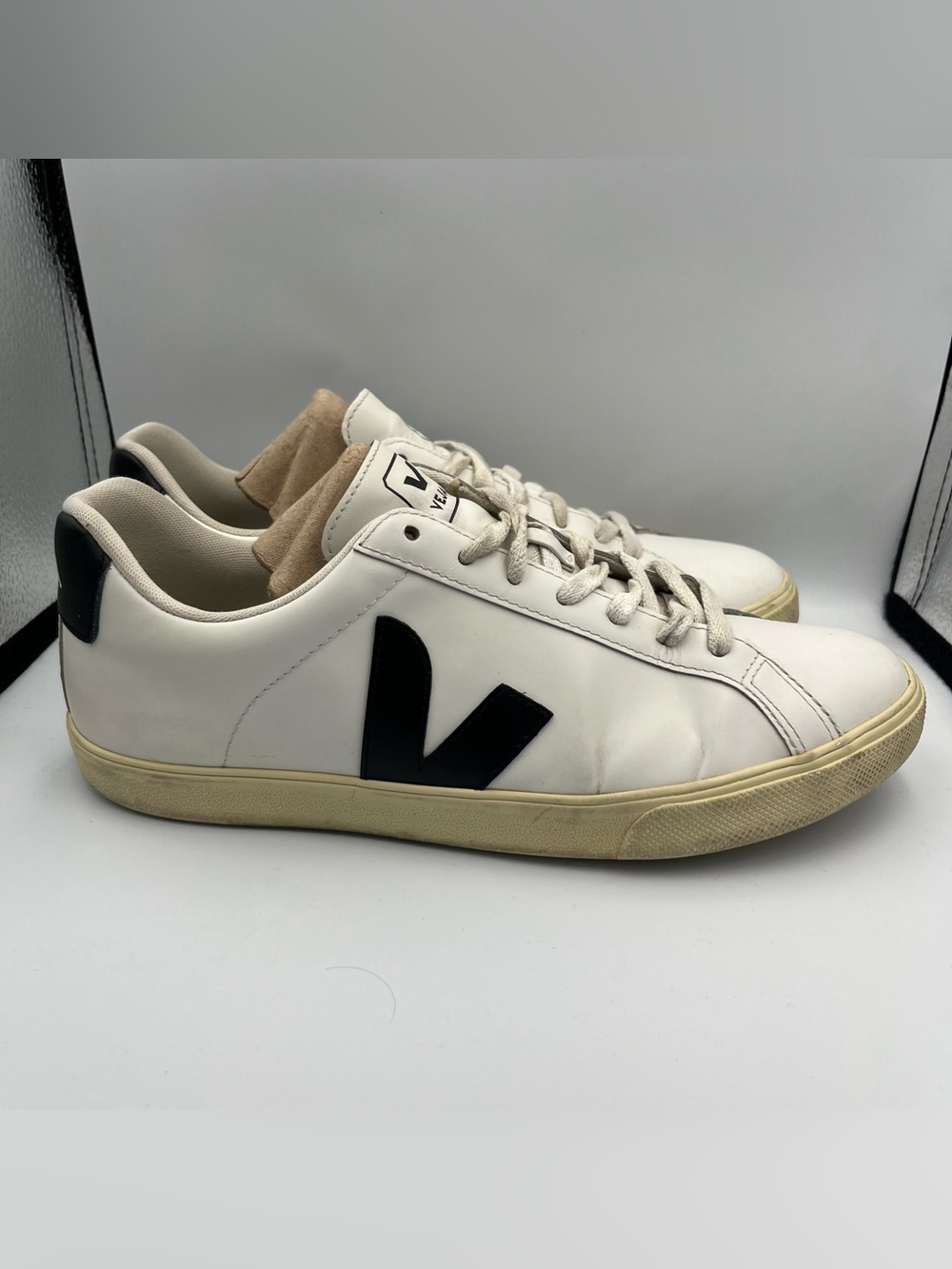 Veja White Leather Sneakers with Black V Logo and Beige Accents